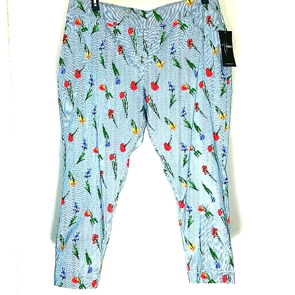 Slimsation Pants NWT 22W Blue Stripe Floral Prnt Strght Leg Pull On Cottagecore